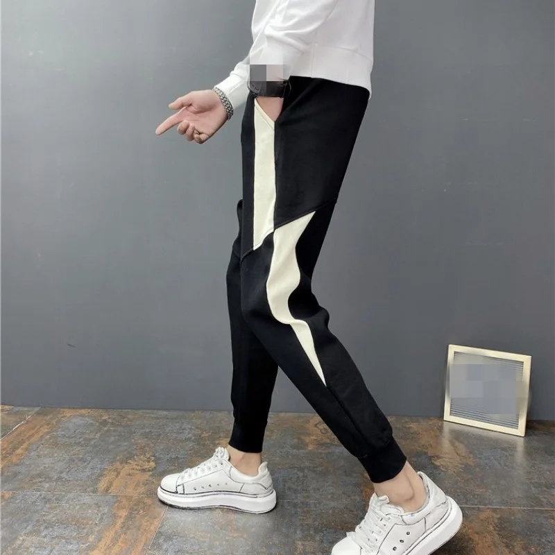 

Winter Autumn Men Fashion Black Stitching Pencil Pants Sports Casual Ankle Length Sweatpants Loose Micro-elasticity Harem Pants