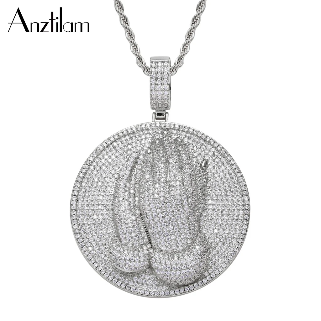 Round Hand Pray Iced Out Pendants Necklace For Men Women Gold Silver Color AAA Zircon Hip Hop Jewelry Rope Chain Drop Shipping