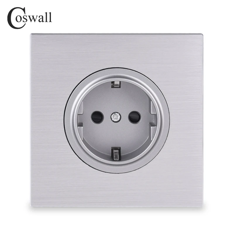 Coswall Black / Silver Grey Brushed Aluminum Panel EU Russia Spain Wall Power Socket Outlet Grounded With Child Protective Lock