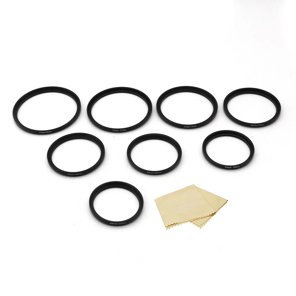 8-pieces Metal Step up Ring Set Camera Lens Filter Adapter Set with cleaning cloth, 49/52/55/58/62/67/72/77mm