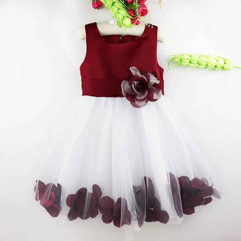 Petals Bow Princess Wedding Party Flower Girls Dress Baby Girl Sleeveless Tulle Bridesmaid Ball Gown Tank Dress Festival Clothes