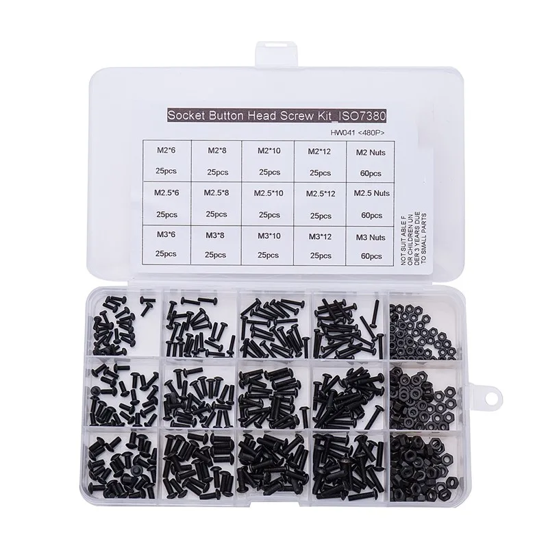 

480Pcs ISO7380 M2 M2.5 M3 Alloy Steel 10.9 Level Black Hexagon Socket Button Head Screw Furniture Mushroom Cap Bolts Kit HW041