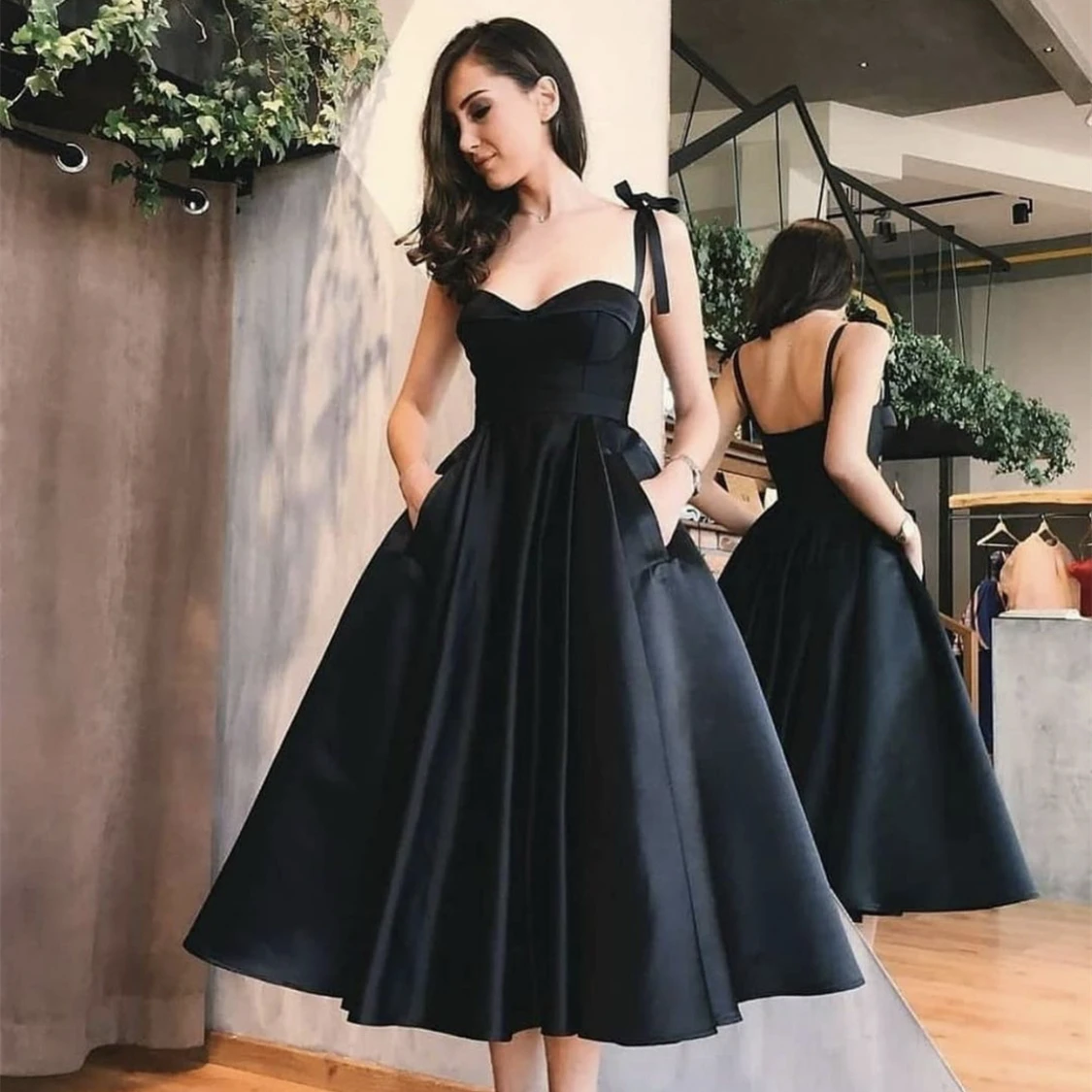 Black Evening Dress A-line Sweetheart Spaghetti Straps Bow Sleeveless Backless Pockets Satin Tea-Length Formal Party Prom Gown