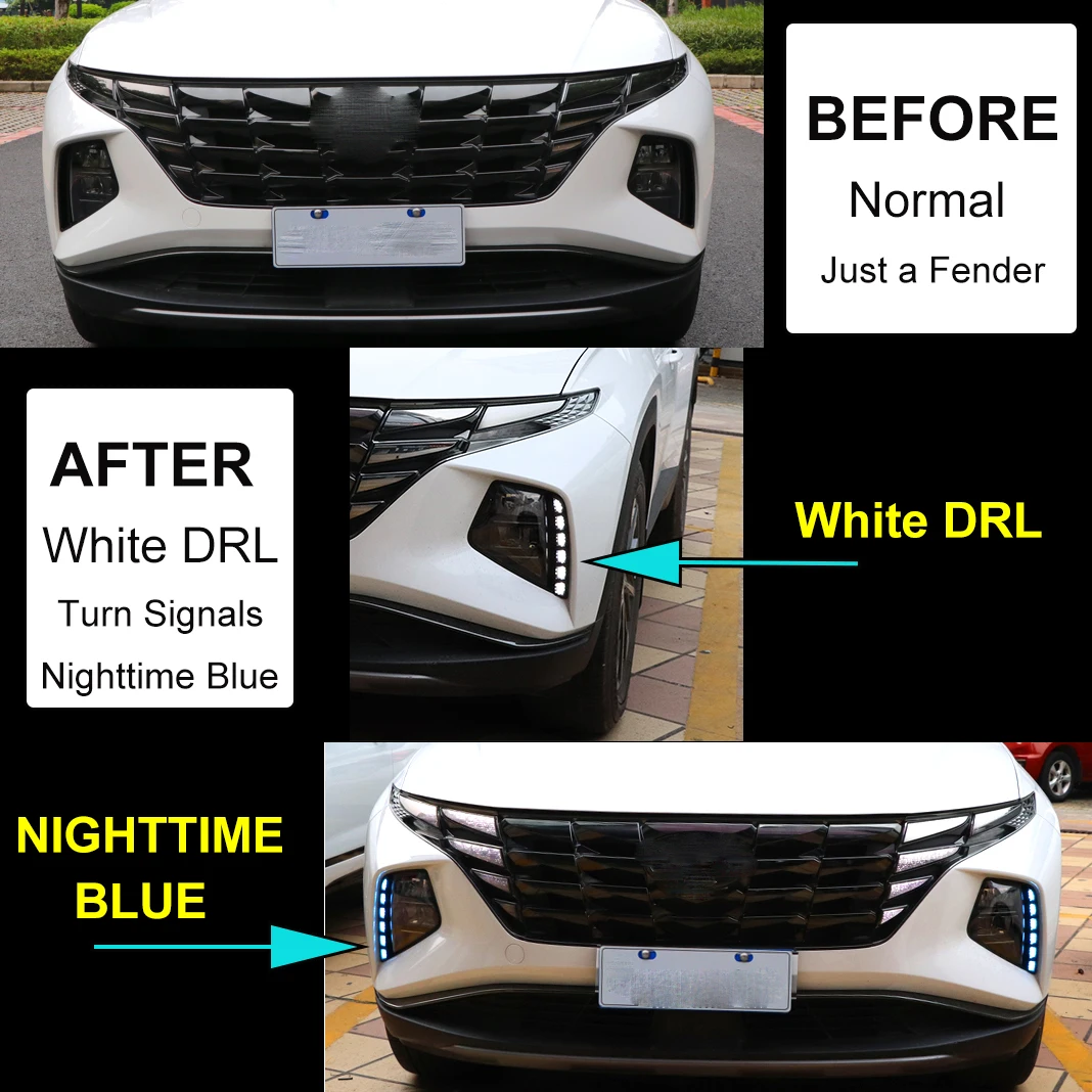 LED Car DRL Daytime Running Lights With Turn Signal Yellow Blue Nighttime Lights Replace Fog Lamp Cover or Hyundai Tucson 2021