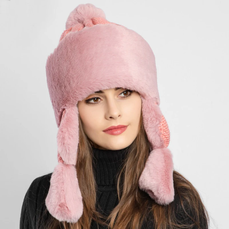 

MZ2730 Thick Warm Winter Hat Women Trapper Earflap Cap Ladies Rabbit Fur Mongolia Bomber Hat Female Ski Russian Cap Russian Hat