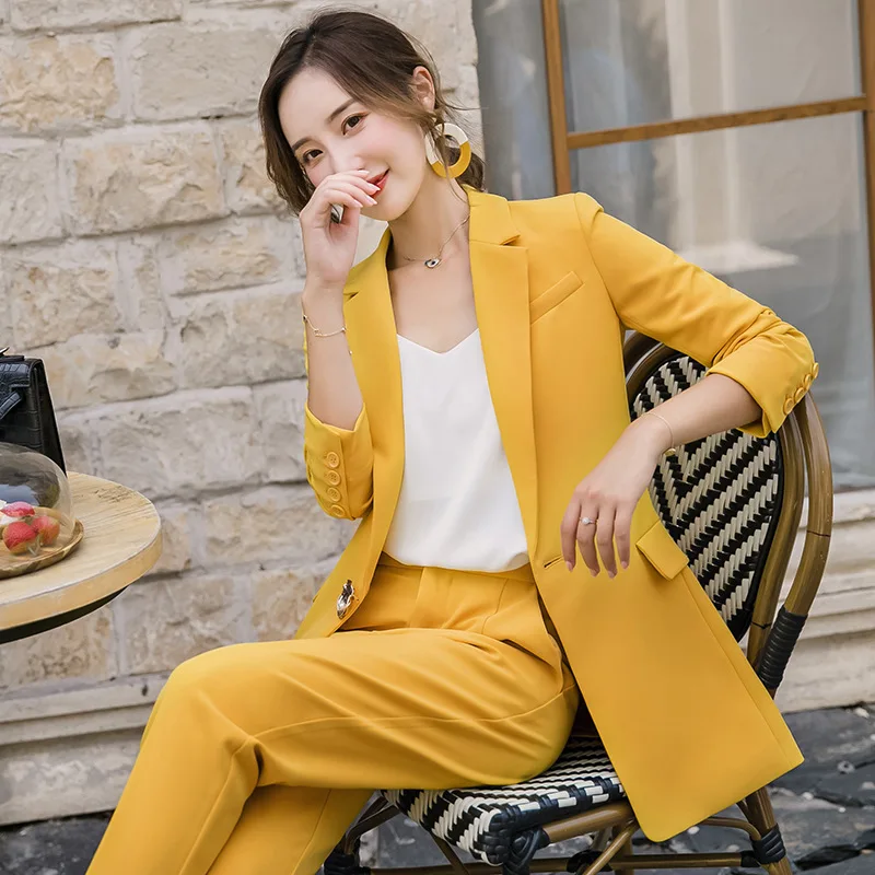 

Women's professional suit autumn and winter new fashion yellow suit suit temperament Pant slimming long suit Two-piece set