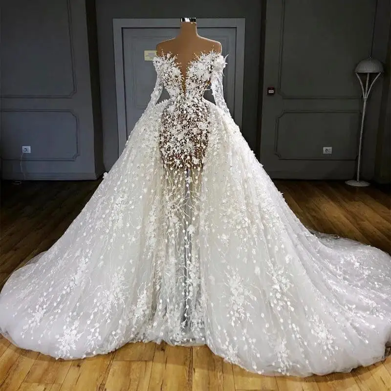 Robe de mariée à effet d'illusion de luxe, à manches longues, avec des Appliques de perles transparentes, à col transparent