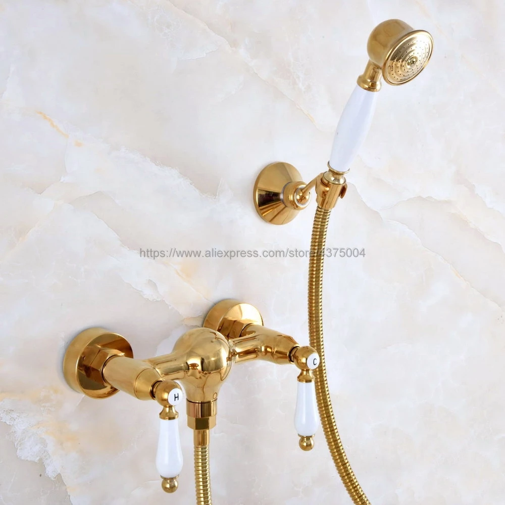

Luxury Gold Color Brass Wall Mounted Bathroom Bathtub Shower Faucet Set Mixer Tap With Hand Shower set Nna978
