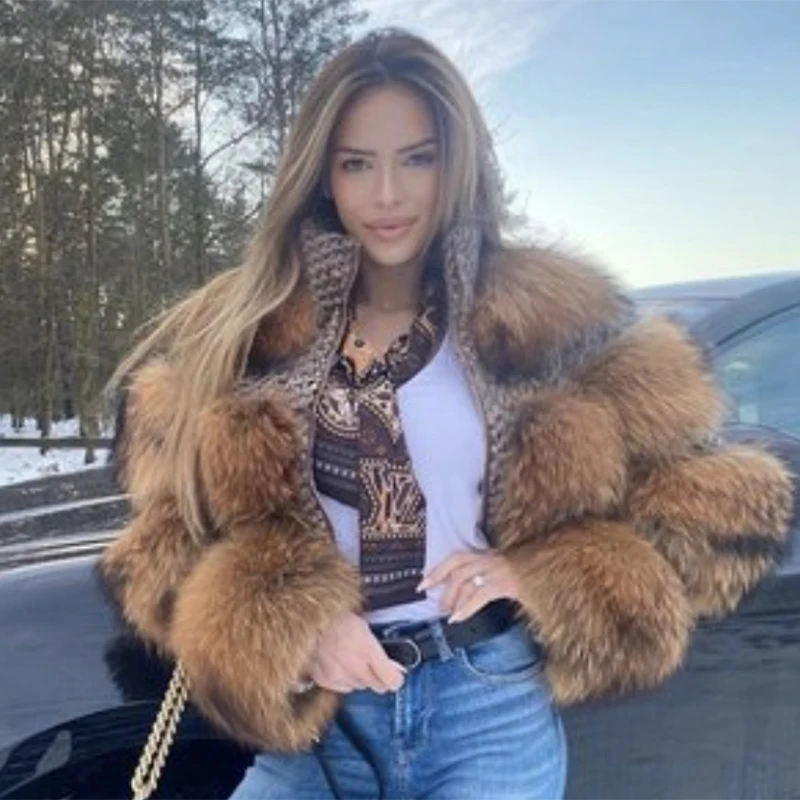 Jacket Winter Natural Real Raccoon Fur Women's Wool Woven Coat Stand Collar Zipper Genuine Silver Fox Fur Outerwear 2021 Style