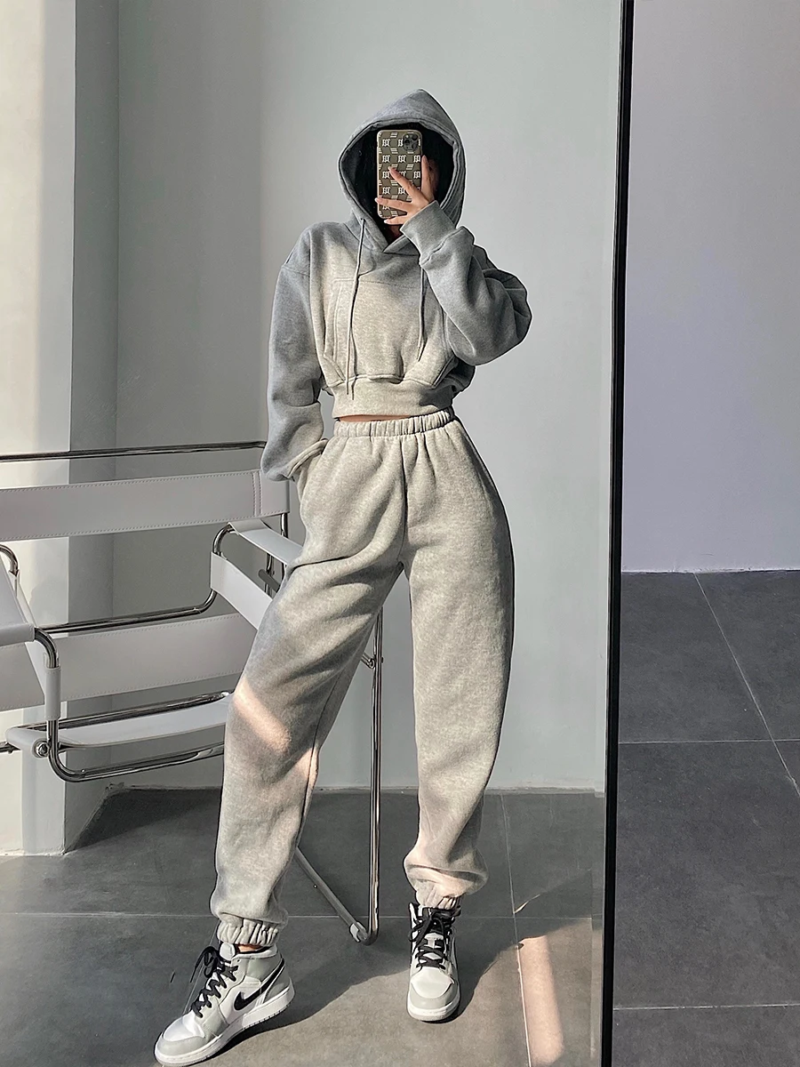 Women Solid Two Piece Jogger Pant Sets Fleece Tracksuit Autumn Winter Warm Sweatpants Hoodies Sweatshirts Sporting Suit Outfits