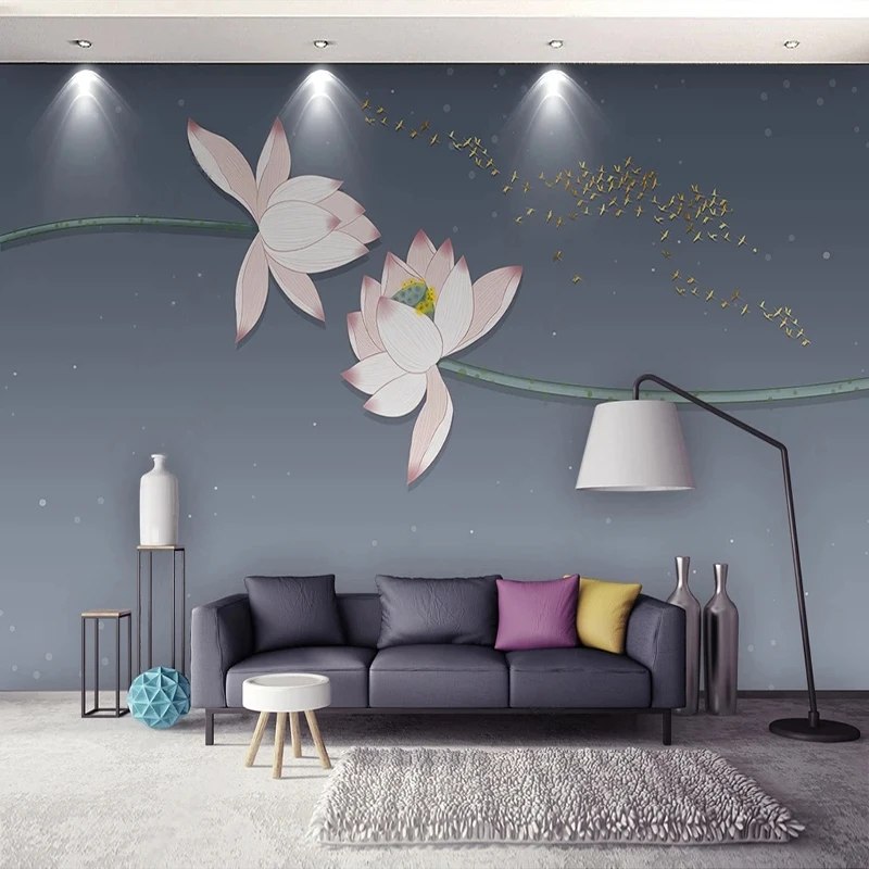 

Custom Any Size Modern New Chinese Style Lotus Golden Bird TV Background Wall Painting Papel De Parede Fresco Sticker 3D Paisag