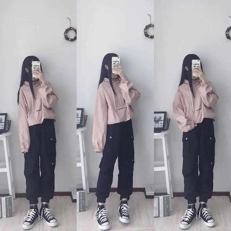 Women's Two-Piece Suit 2021 Korean Style Loose Clothes Sweater Hooded Top Multi-Pocket Cargo Pants Women's Drawstring Sweatpants