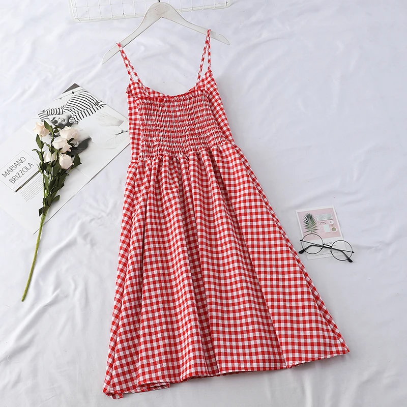 CLEARANCE COST Women Checked Cami Dress V Neck High Waist Spaghetti Strap Midi Plaid Princess Dress Vintage Korean Style