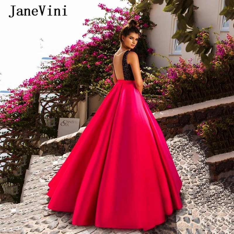 JaneVini-Vestido largo de satén sin mangas para mujer, traje Formal con lentejuelas, corte en A, cuello redondo, espalda transparente, longitud hasta el suelo, color fucsia, 2020