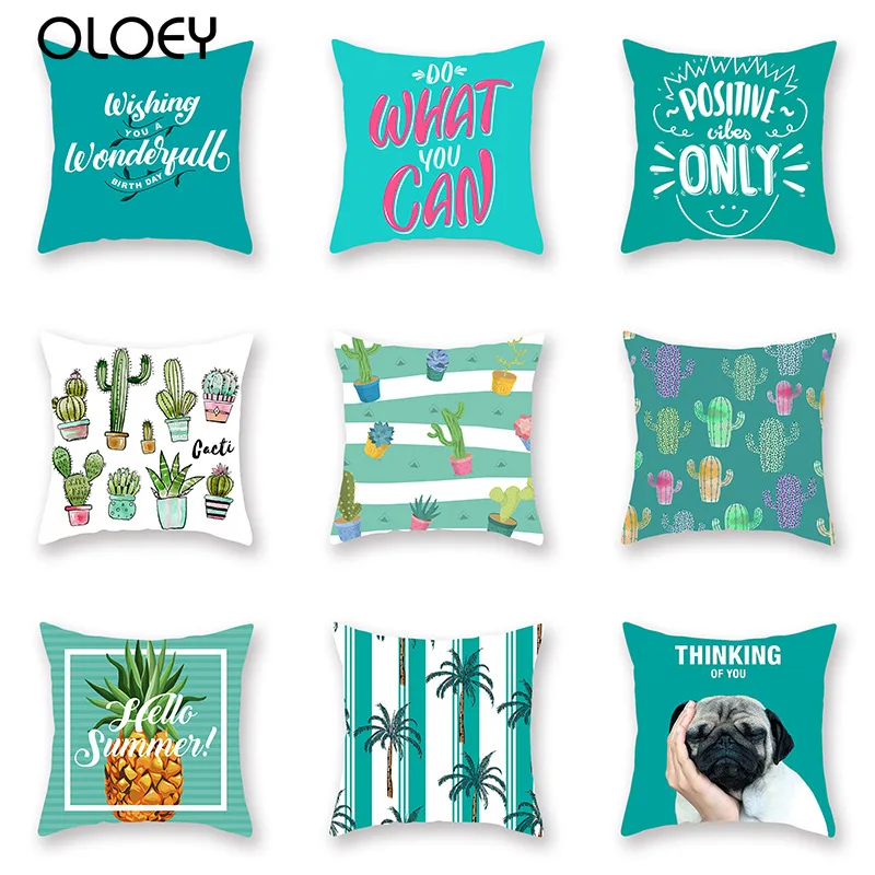 Mint Green Cushion Cover Cactus Pineapple Coconut Tree Decorative Pillowcases Sofa Bed Living Room Home Decor Summer Fresh Style