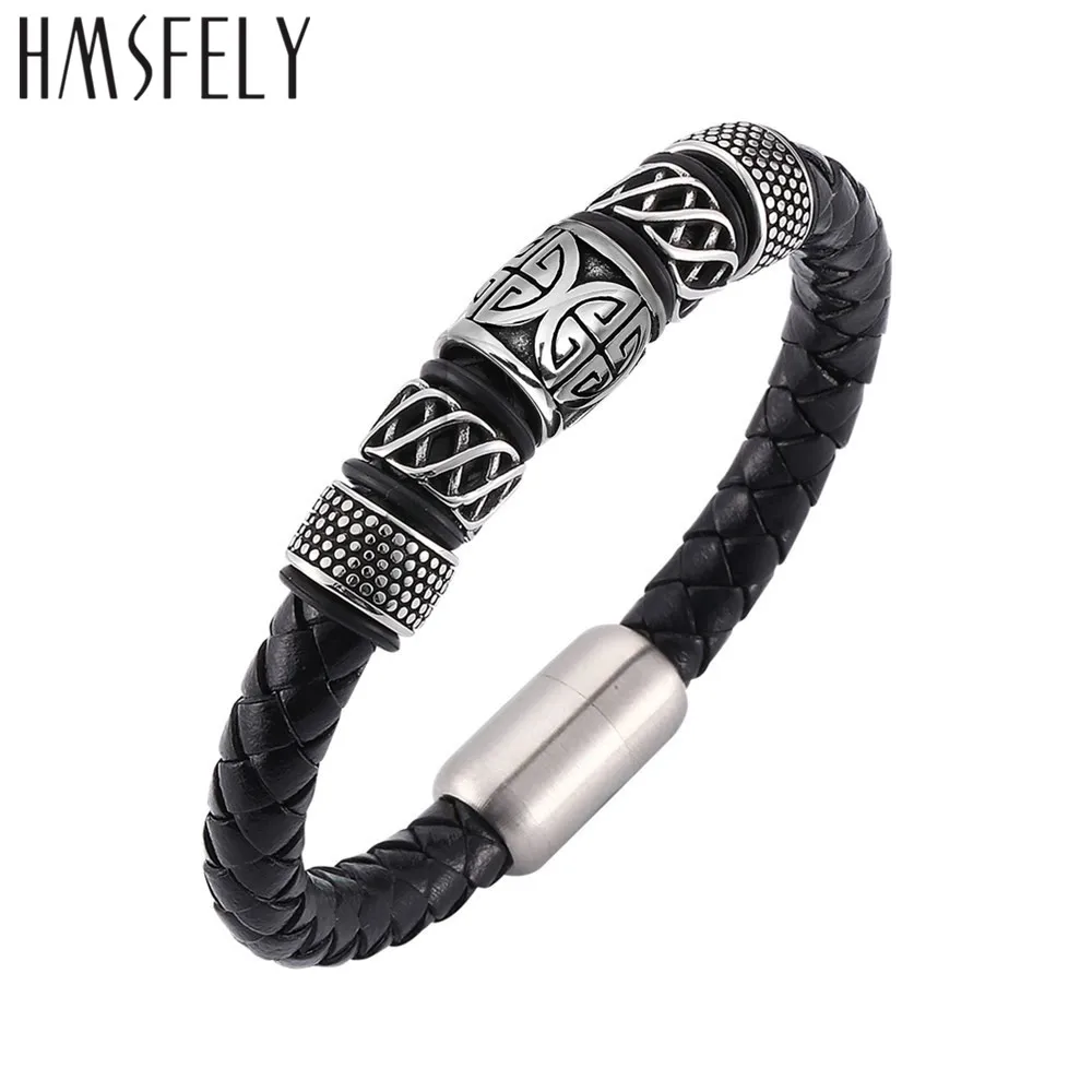 HMSFELY 8mm Big Hole Stainless Steel Beads Accessories For DIY Leather Bracelet Jewelry Making Totem Pattern Bead Wholsale 5pcs