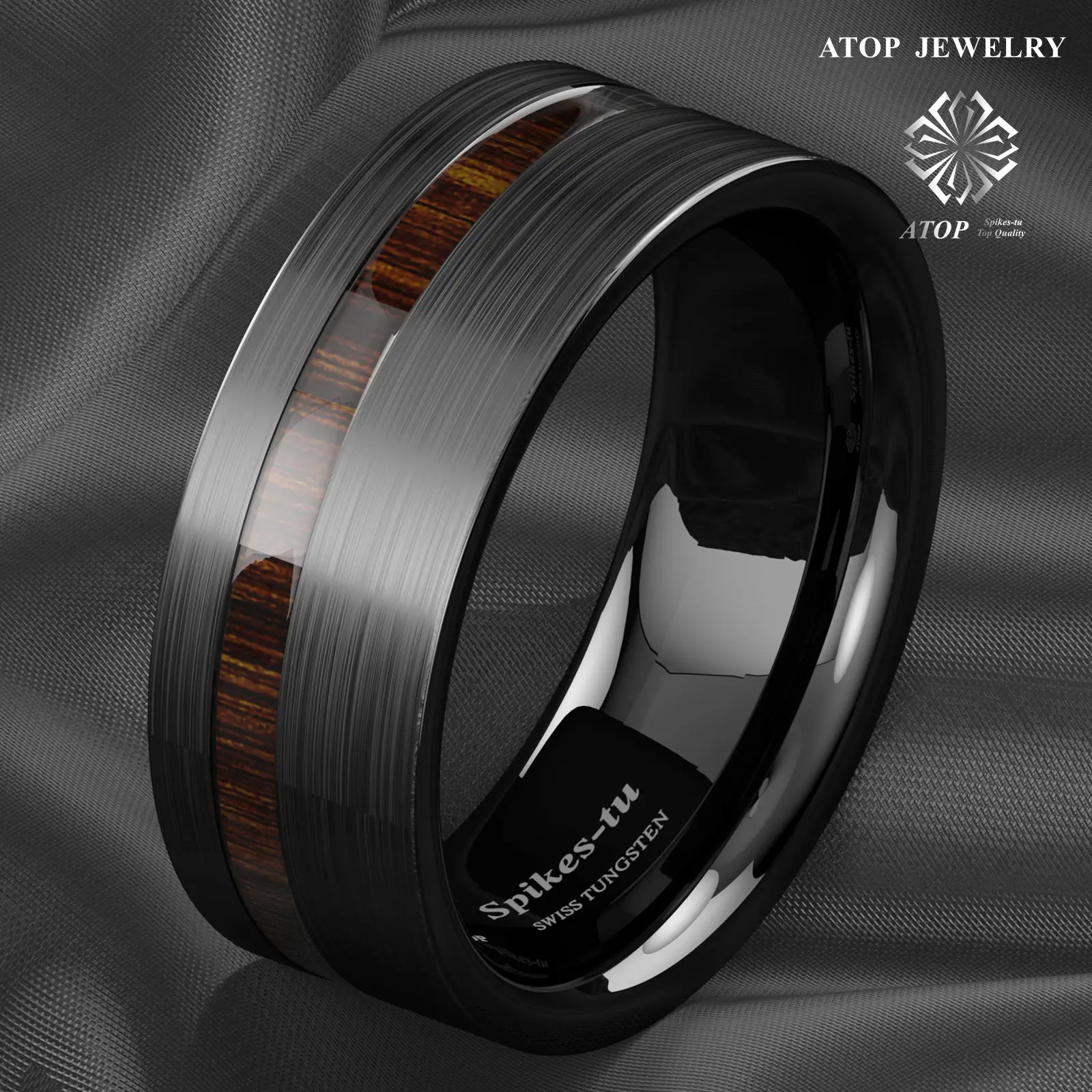 8mm Black Brushed Tungsten Carbide Ring Off Center Koa Wood Wedding Band Ring Customized Jewelry