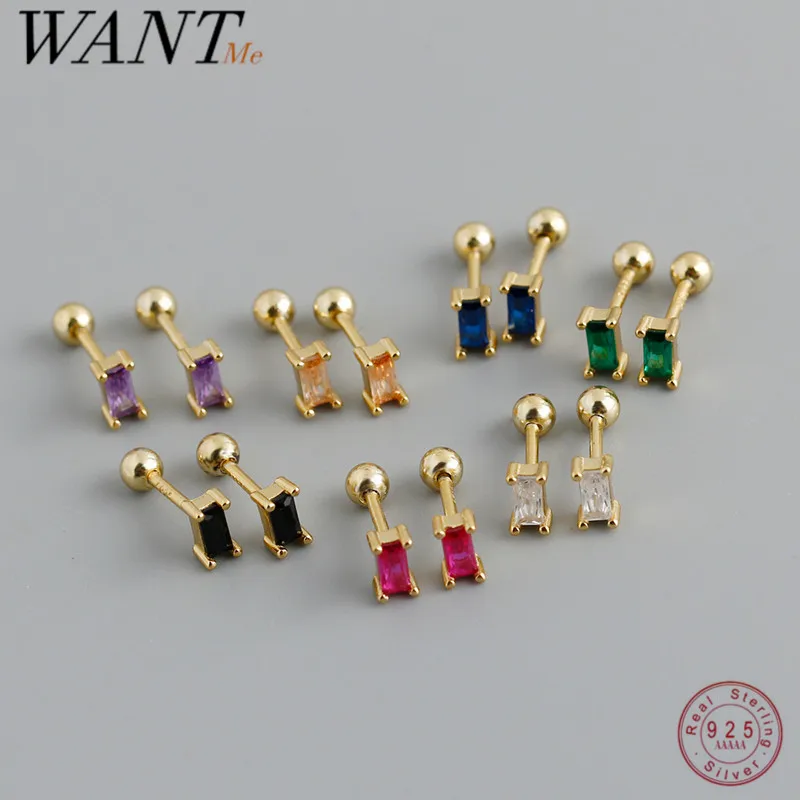 WANTME 925 Sterling Silver Colorful Square Shiny Zircon Beads Piercing Stud Earrings for Women Fashion Gothic Exquisite Jewelry