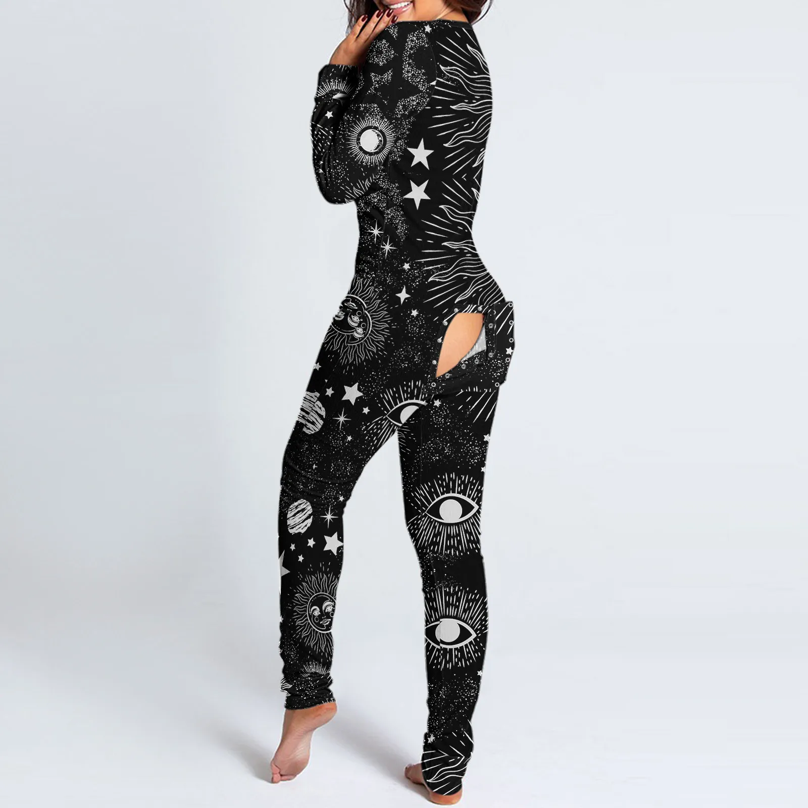 Women Pijamas Onesies Button Down Harajuku Black Print Functional Buttoned Flap Adults Romper Jumpsuit Sleepwear Pajamas Pyjama