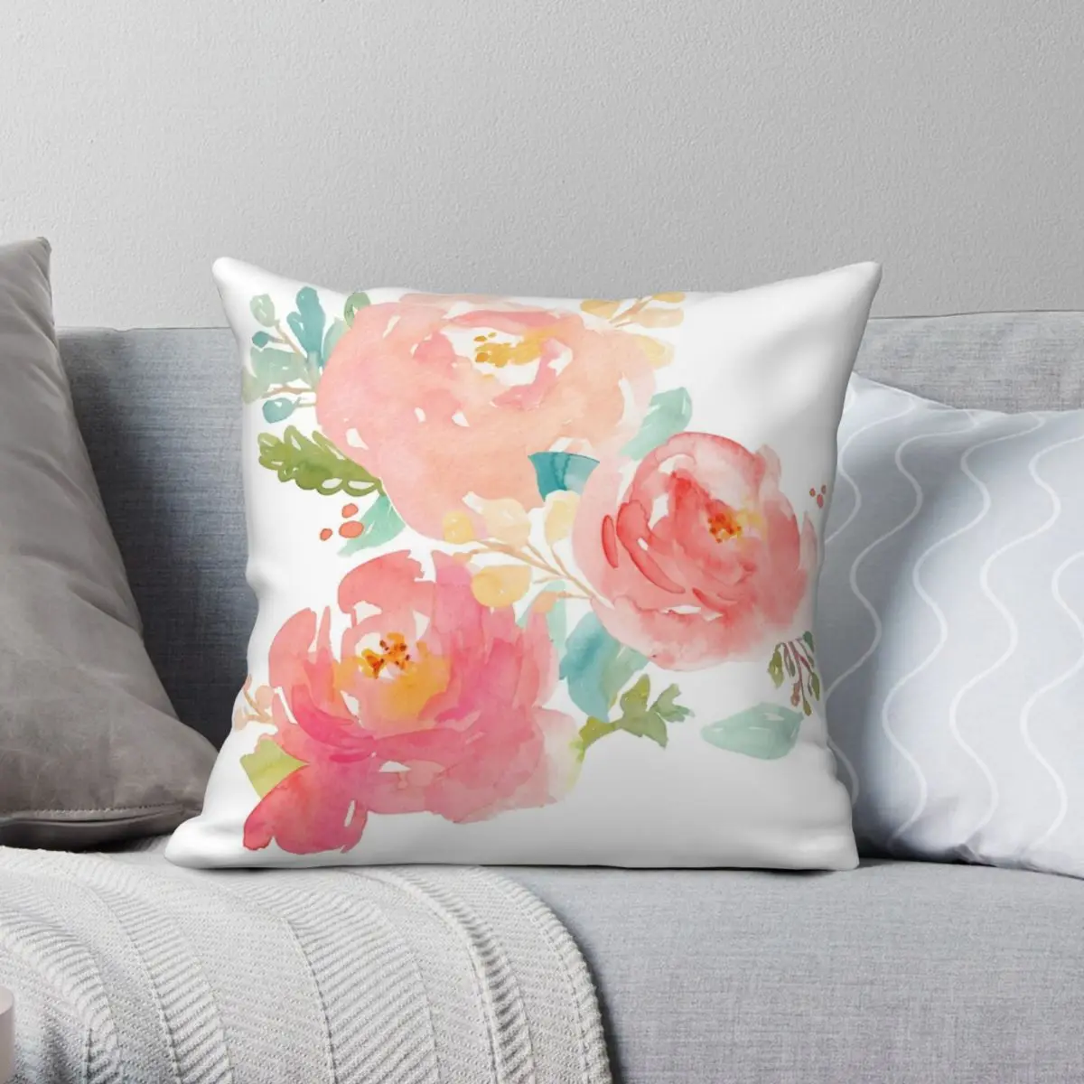 Peonies Watercolor Bouquet Pillowcase Polyester Linen Velvet Creative Zip Decor Pillow Case Bed Cushion Case