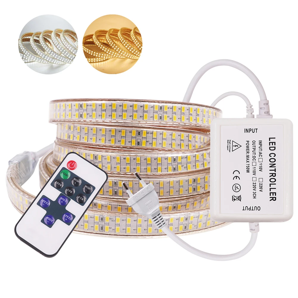 220V 110V 5730 LED Strip Light Dimmable Remote Control Super Bright Waterproof Double Row 240Led/m For Home Bar Ceiling Lighting