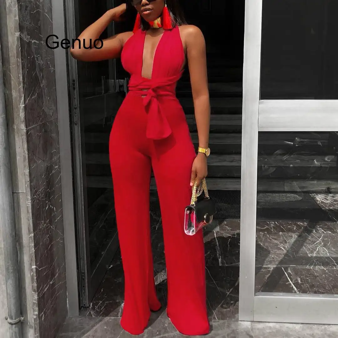 Women Sexy Deep V Neck Jumpsuit Backless Adjustable Strap Summer Fashion New Overalls Holiday Beach Wear Casual Playsuits Female