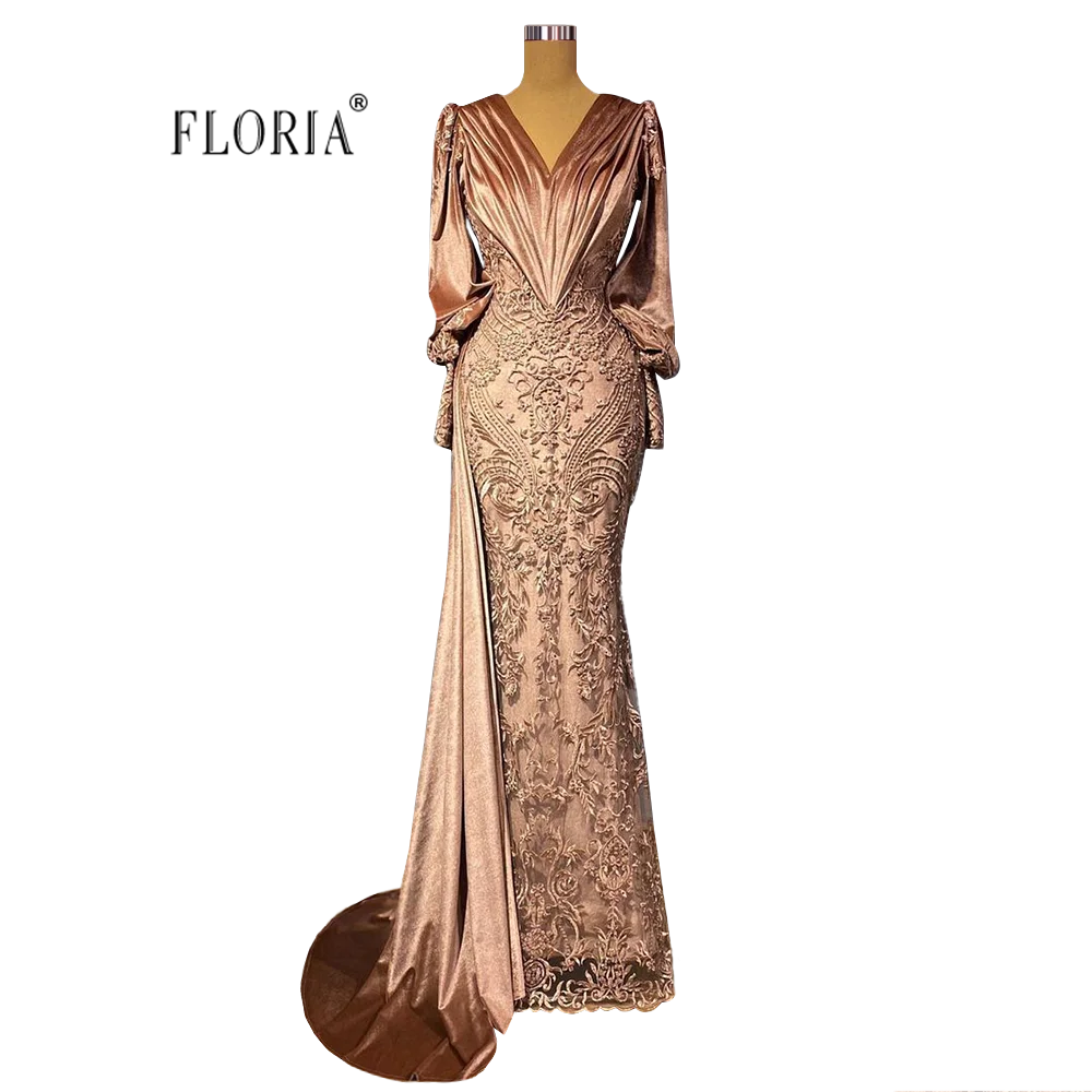 Floria Light Brown Long Sleeves Mermaid Evening Dress 2022 Women's V-neck Lace Beaded Long Prom Gown vestido de noche Plus Size