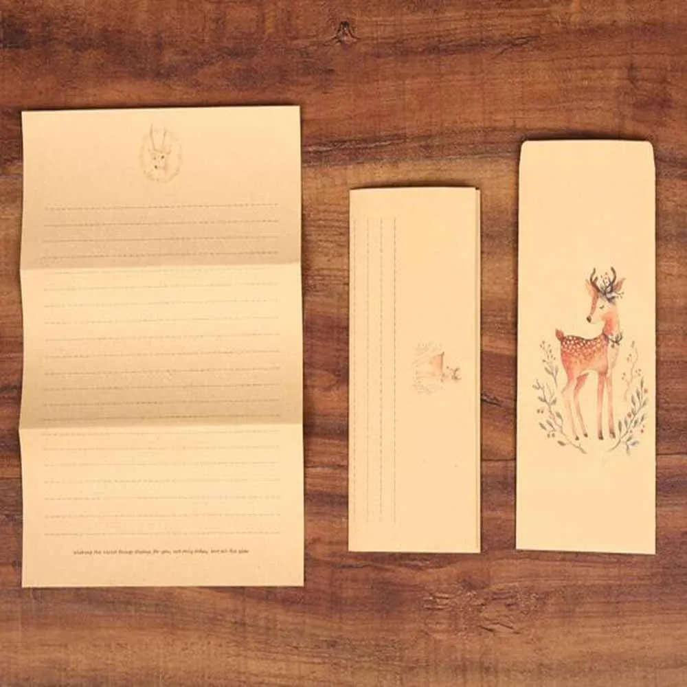 XRHYY 6 PCS Vintage Animal Deer Writing Stationery Paper With Envelopes Set Retro Kraft Writing Paper Vintage Letter Paper Set