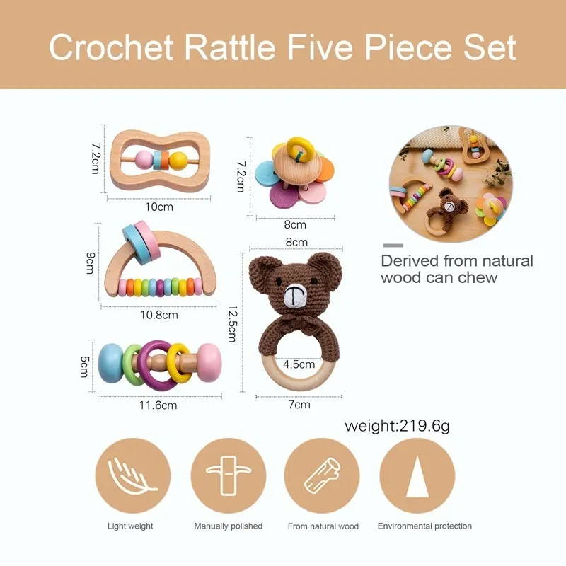 1Set Crochet Animal Rabbit Rattle Toy Soother Bracelet Wooden Teether Ring Baby Product Mobile Pram Crib Wooden Toy Newborn Gift