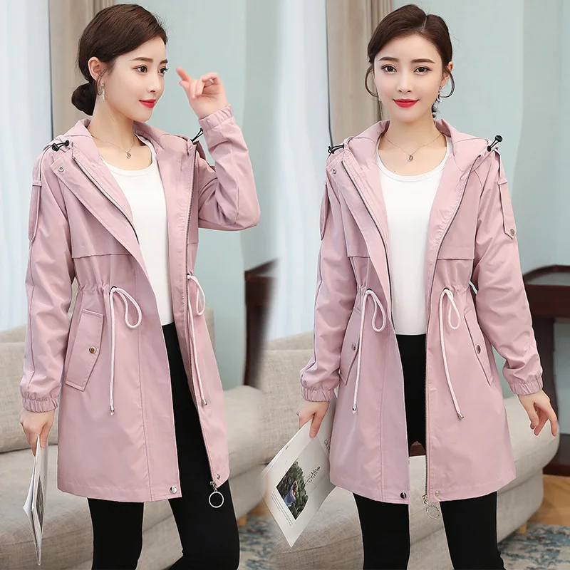 

Trench Coats Women Autumn Spring Hooded Drawstring Pocket Zipper Long Outwear Plus Size Elegant Ladies Fashion Windbreaker Coats