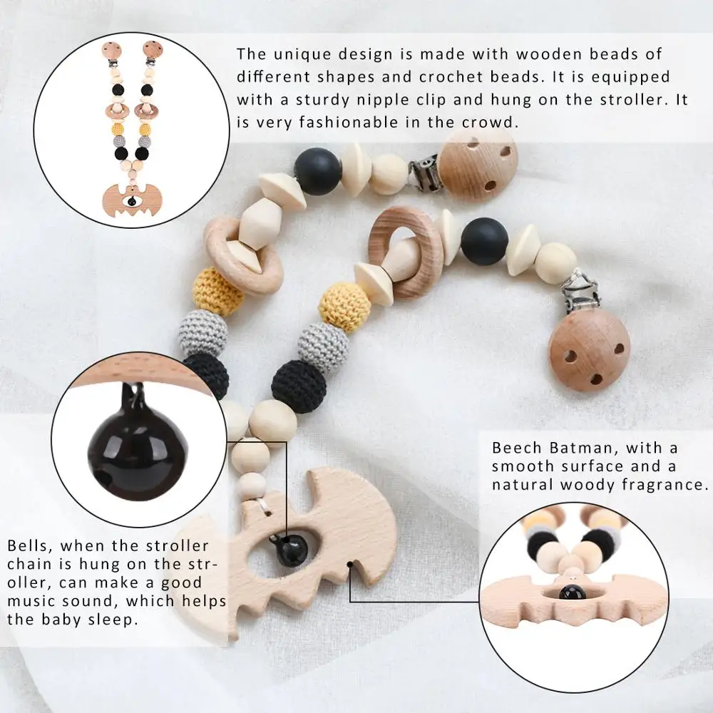 Wooden Teether Baby Play Gym Pacifier Clip Chain Silicone Beads Personalize Dummy Clip Baby Teether Stroller Toys Pram Clip Bell