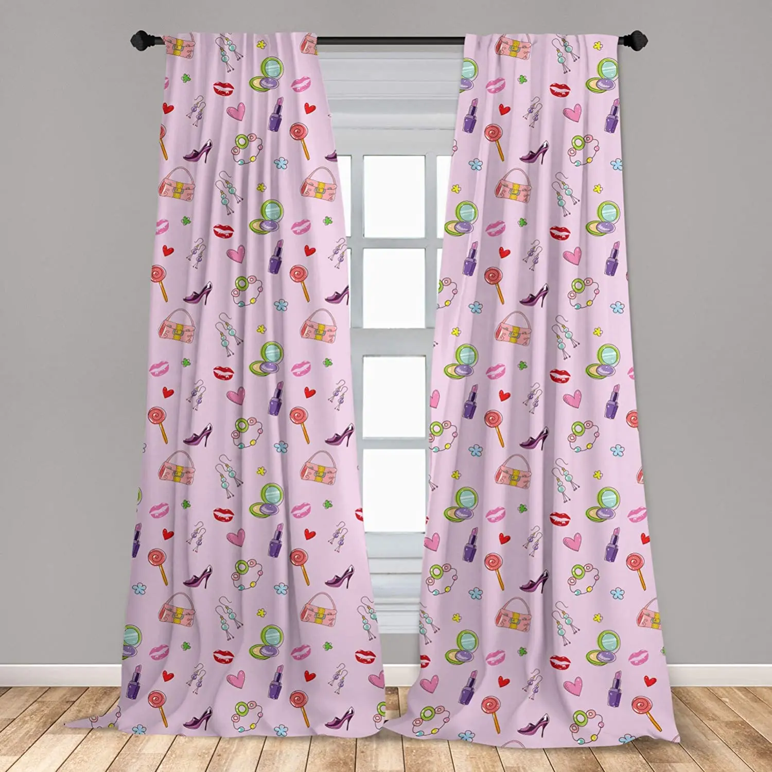 Cartoon Curtains Girls with Fashion Accessories and Makeup Lollipop Flower Print Window Drapes for Living Room Bedroom