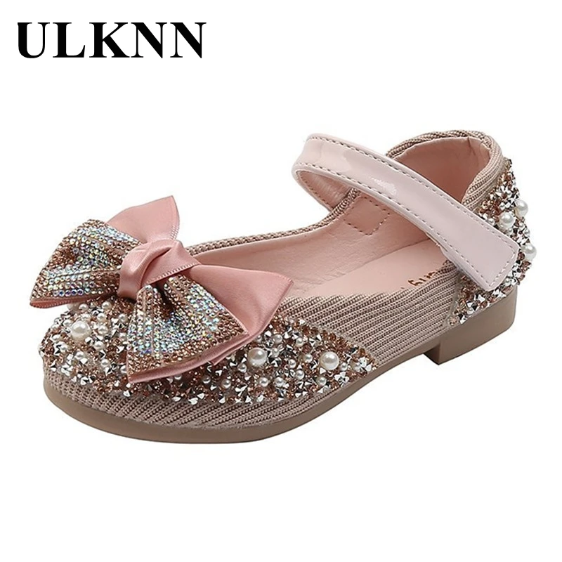 

ULKNN Girls Single Shoes Spring Autumn Child Casual Rhinestone Bow Hook&Loop School Children's Dance Shoes Kis Performance Flats