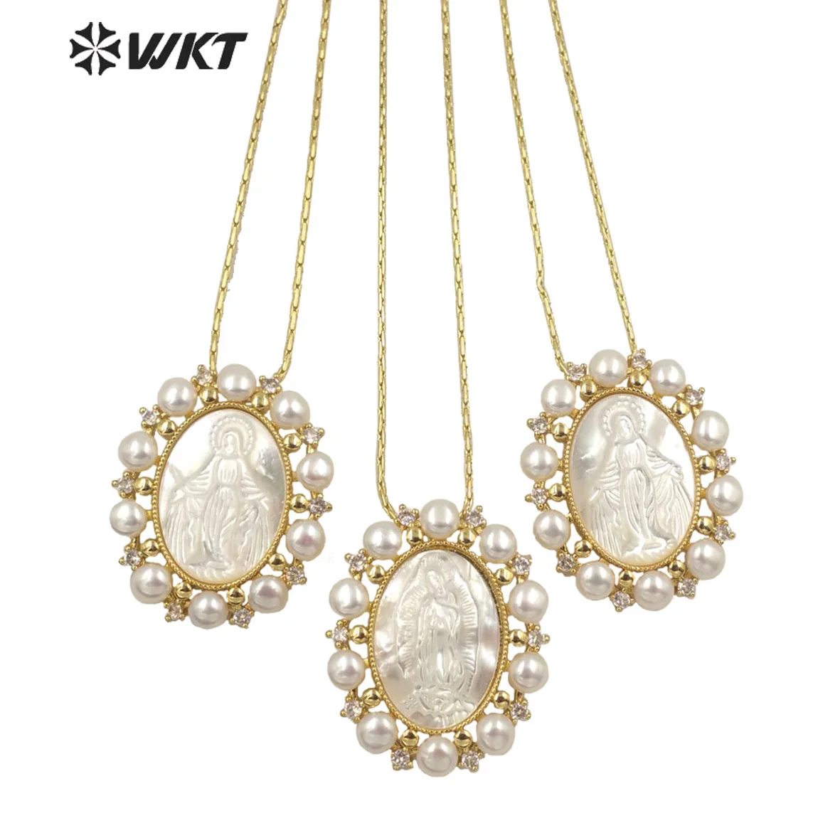 

WT-JN164 WKT Gorgeous Natural Freshwater Pearl With Shell Necklace Virgin Mary Pendant In Christian Baroque Style Wholesale