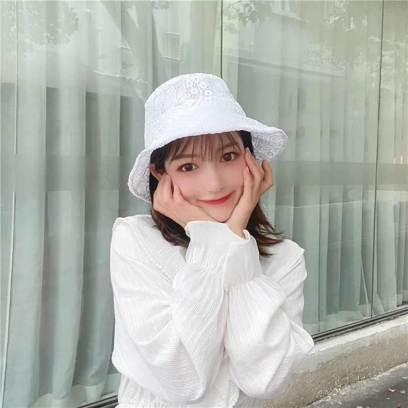 Sun Korean seaside Vintage Elegant Lace Bucket Hat Women Summer Beach Sun Hats Fashion Korean caps Breathable Fisherman cap