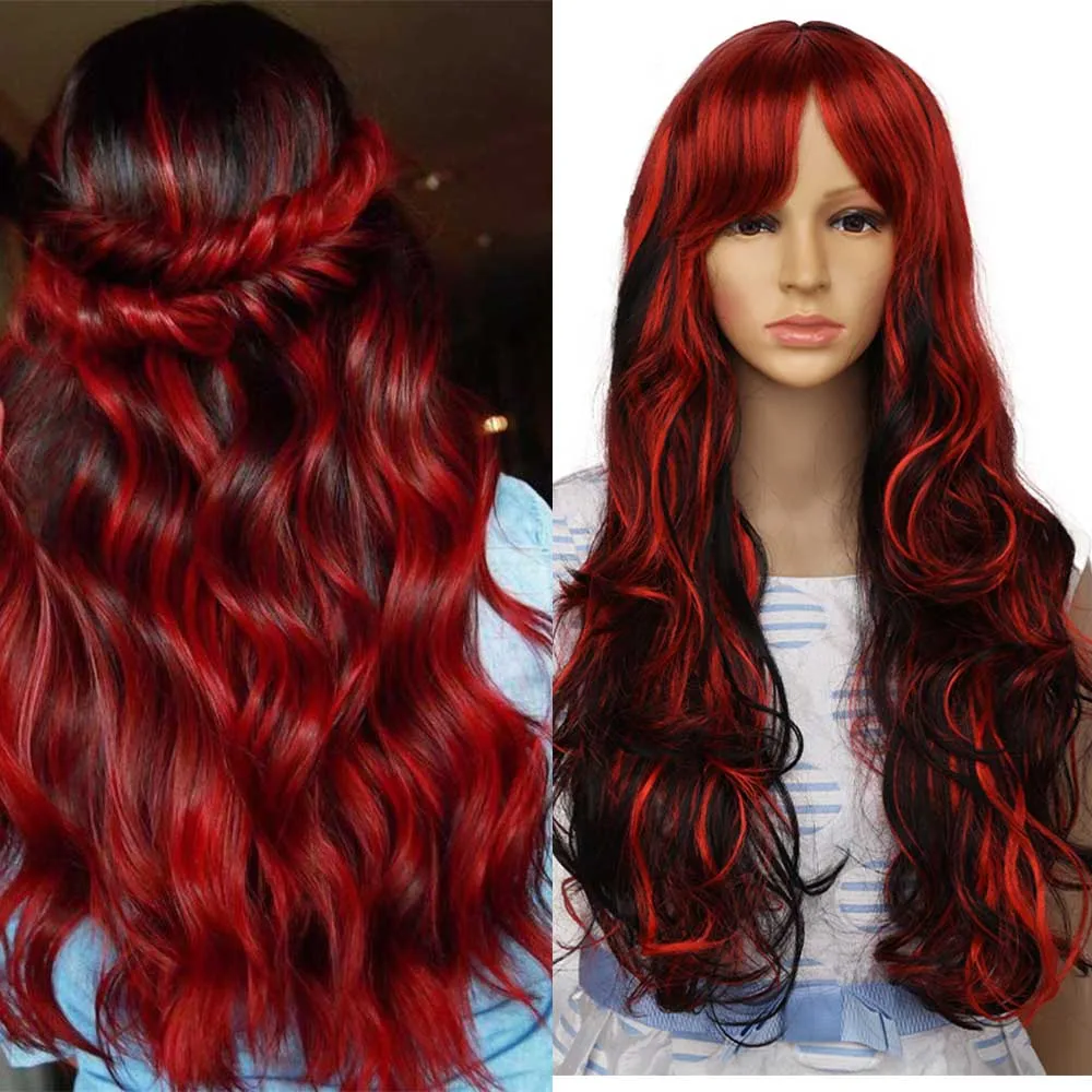 Synthetic Wigs With Bangs Long Ombre Wigs Cosplay Body Wave For Women Black Red Daily Party Wig High Temperature Fiber