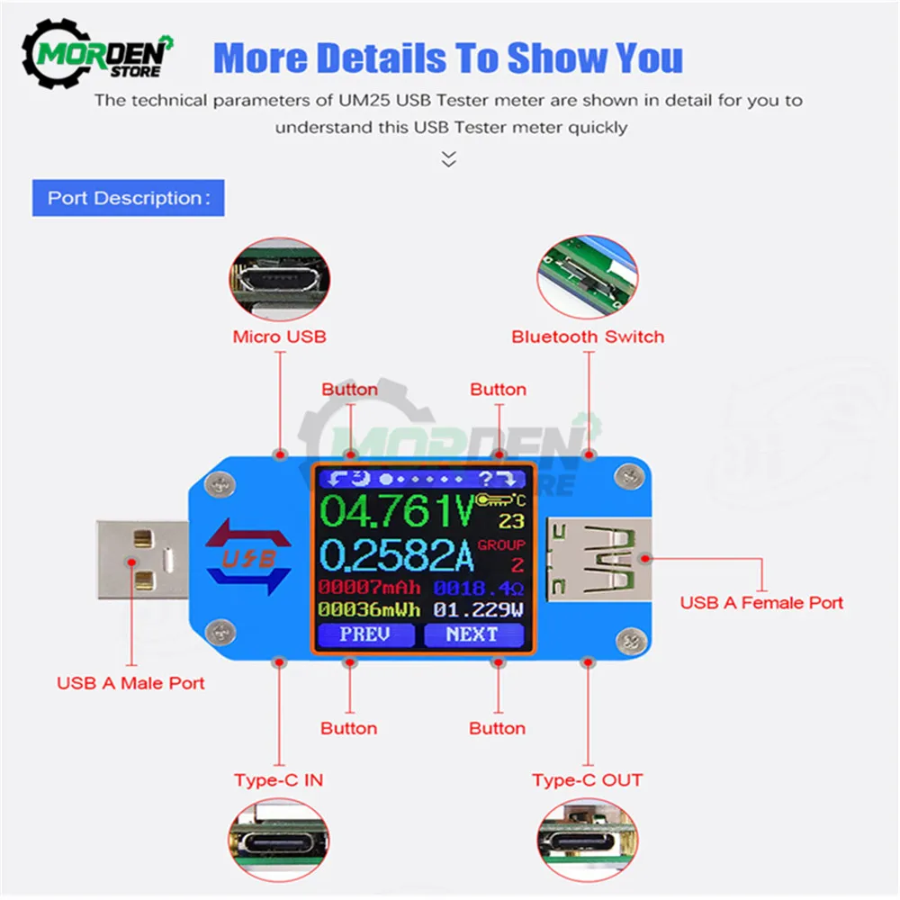 UM24 UM24C UM25 UM25C UM34  Voltage Current Meter USB 2.0 Type-C LCD Color Display Voltmeter Ammeter Battery Charge USB Tester