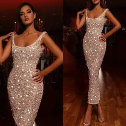 Sexy Bling Bling Cocktail Dresses Scoop Neck Ankle Length Beaded Sheath Lady Party Dress Sequins Special Occasion Gowns