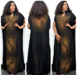 Houseofsd African Fashion Chiffon Stand Collar Loose Hot Drilling Short Sleeved Long Dress With Inner Two Piece Set