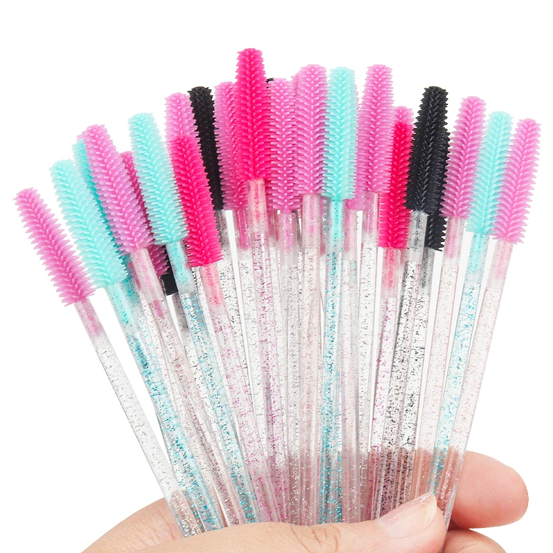 Brosse de maquillage en cristal, poignée en diamant, brosses à sourcils en Gel de Silicone, peigne à cils, Mascara, outils d'extension de cils, 50 pièces