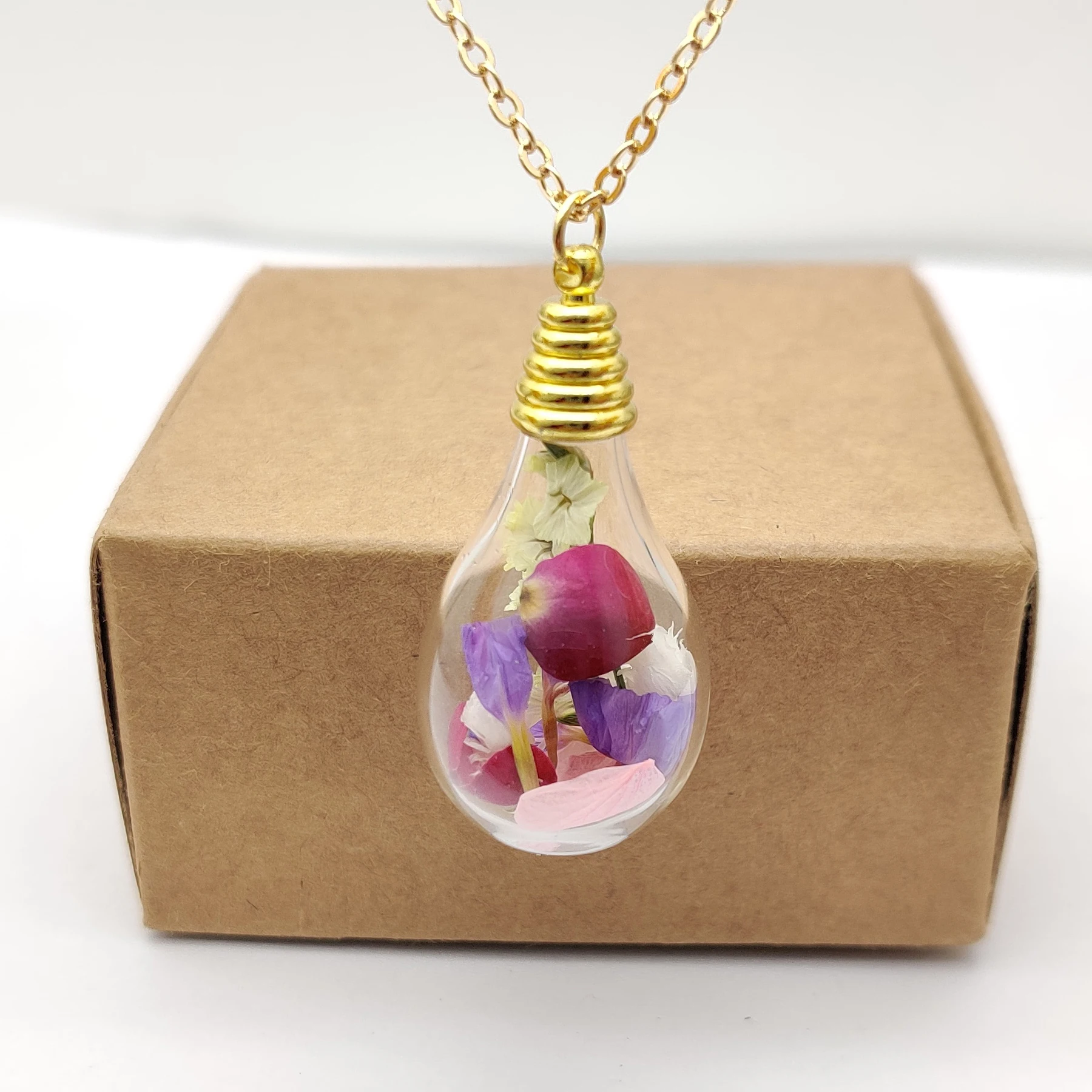 Babysbreath Rose Forgetmenot Hydrangea Drop Glass Pendant Gold Color Chain Long Necklace Women Boho Fashion Jewelry Handmade