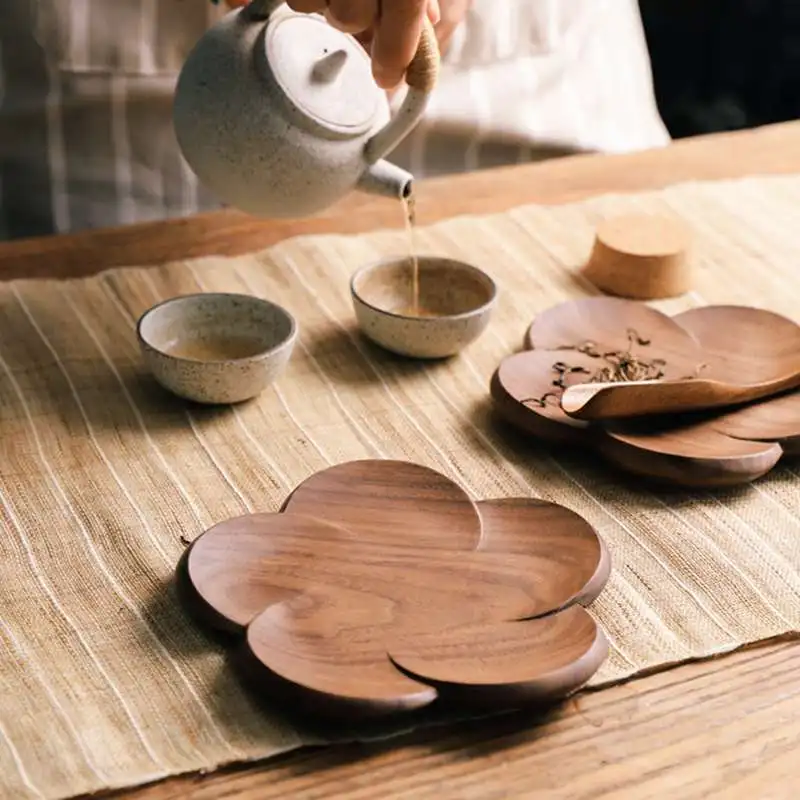 Walnut Wood Coaster Flower Petal Cushion Kungfu Tea Cup Mat Home Resistant Drink Mat Coffee Cup Pad Table Decorative