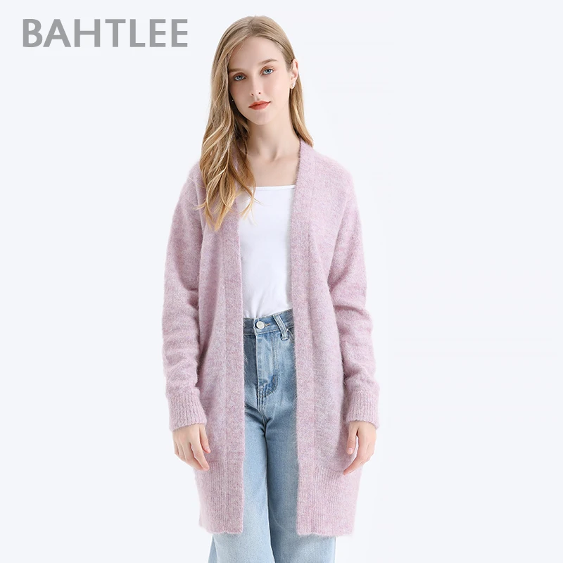 BAHTLEE-Women\'s Mohair Cardigan Sweater, Wool Knitted Jumper, Loose Coat, V-Neck, Long Sleeves, 6 Colors, Autumn