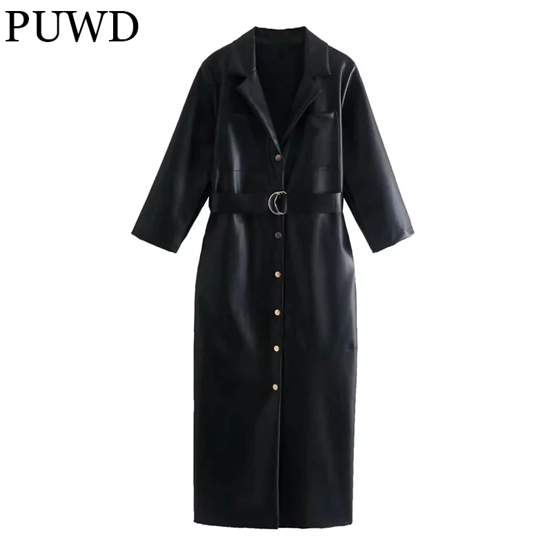 

PUWD Vintage Women Faux Leather Shirt Dress 2021Autumn Streetwear Leather Buckle Sashes With Dress Lapel Slim Female Chic Dress