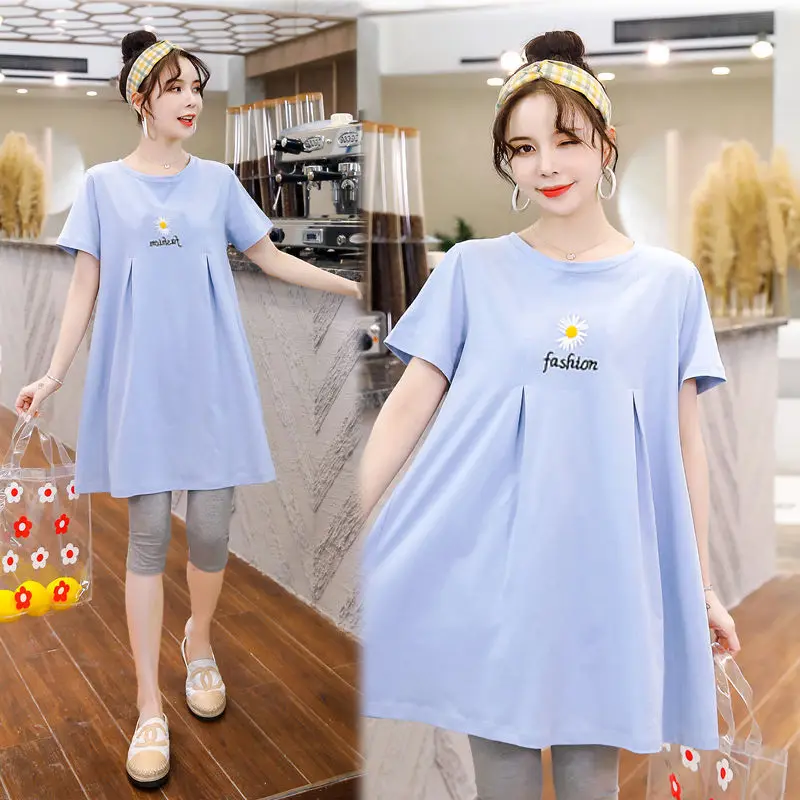 Maternity Dress Summer Short-sleeved Mid-length Loose Large Size T Shirt Maternity Top Bottoming Shirt Dress Women Elegant