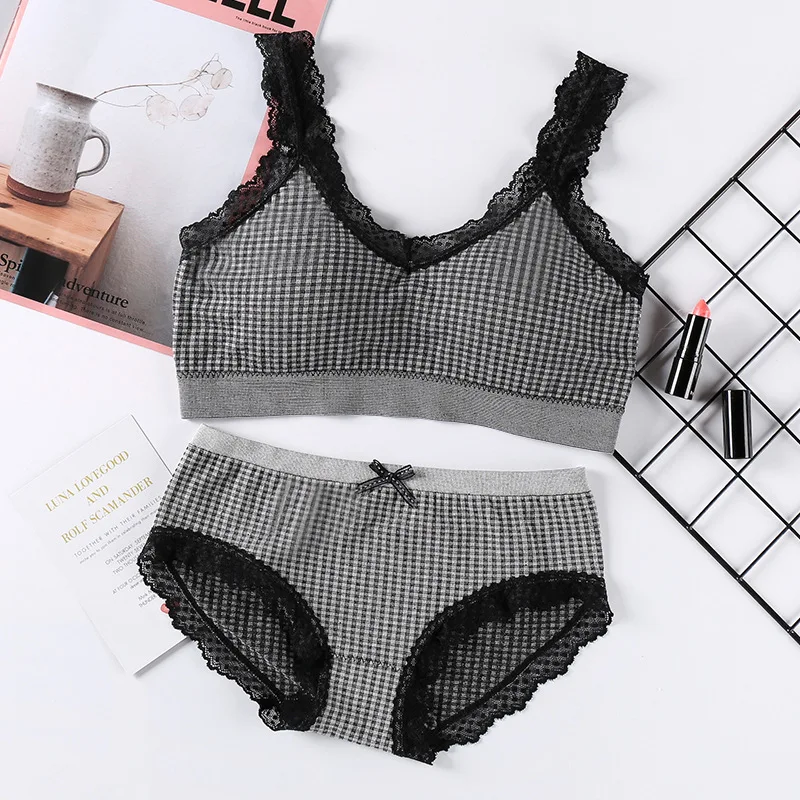 Conjunto de sujetador y bragas para mujer, Top corto con sujetador de realce, conjunto de lencería Sexy para mujer, camisola con tirantes de encaje, conjunto de ropa interior sin costuras