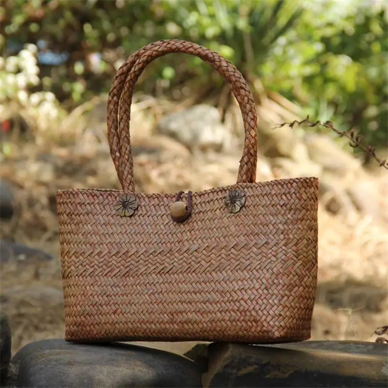 38x20CM Neue Thai Einfarbig Stroh Schulter Tasche Reise Strand Tasche Weibliche Garten Handgemachte Rattan Weben Frauen a6100