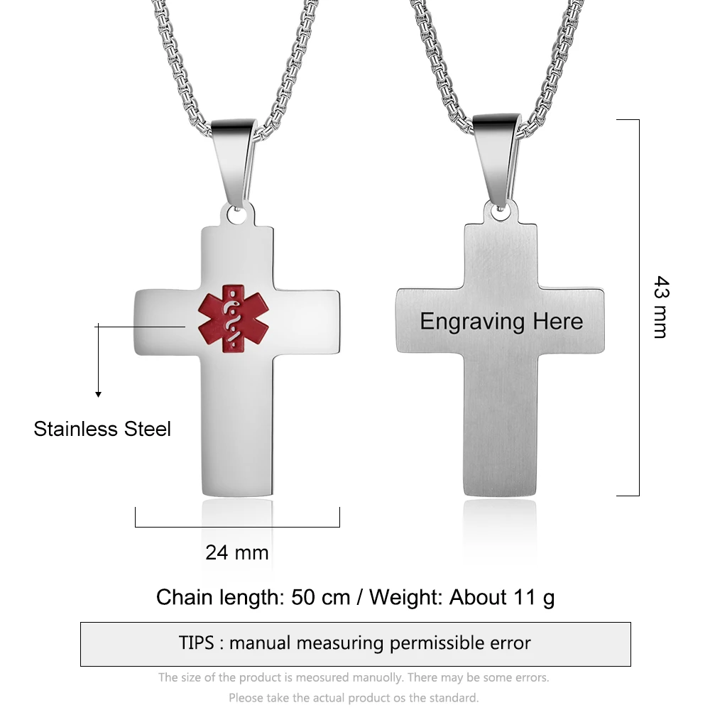 Medical Alert Necklaces Personalized Stainless Steel Emergency Jewelry Cross Necklaces for Women 3 Colors Engraving Tag Pendant