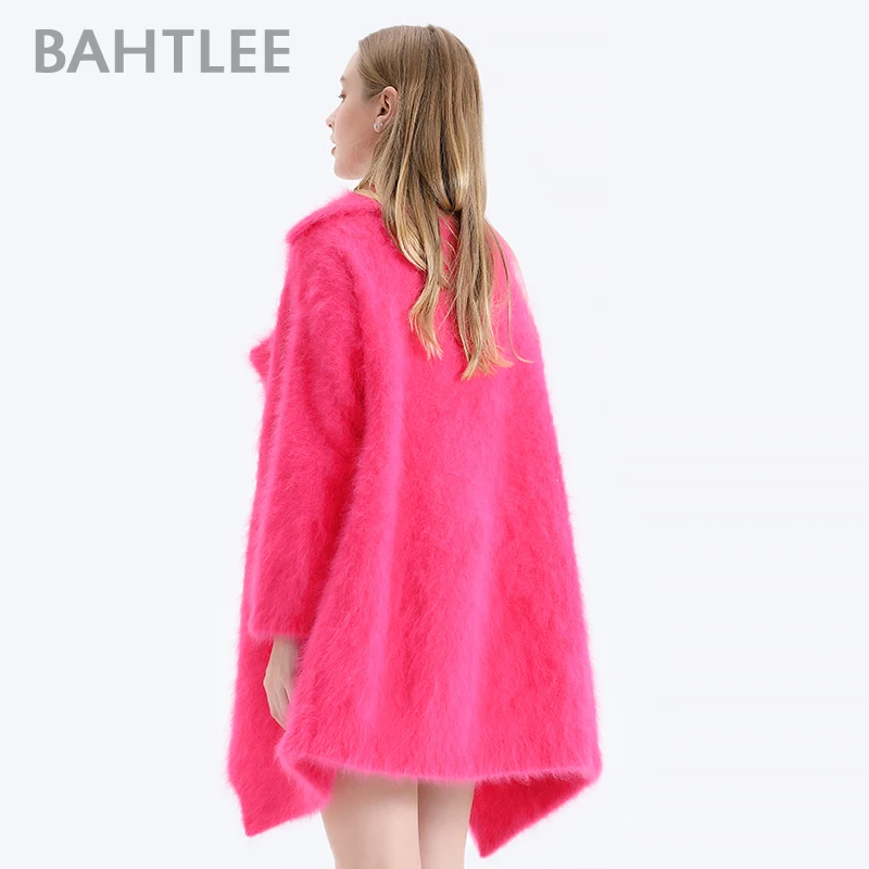 BAHTLEE-Knitted Cardigans with Pocket for Women, Angora Coat, Long Sleeves, Wool Jumper, Turn Down Collar, Winter