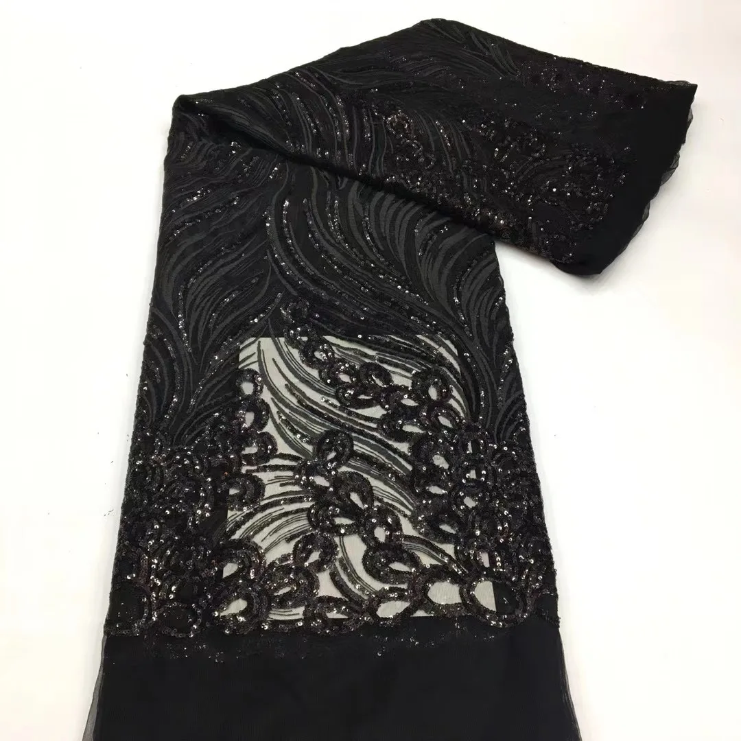 

(5yarda/pc) Elegant black color sequins net lace fully embroidered African French lace fabric for party dress FSS367